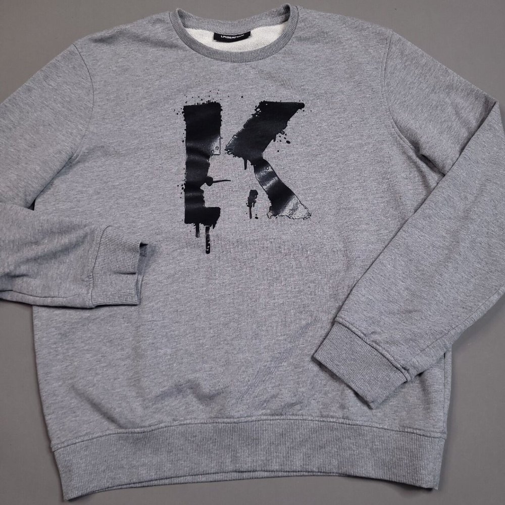 Karl Lagerfeld Big Logo Crew Neck Ribbed Sweatshirt Designer Preppy Large - Picture 1 of 9